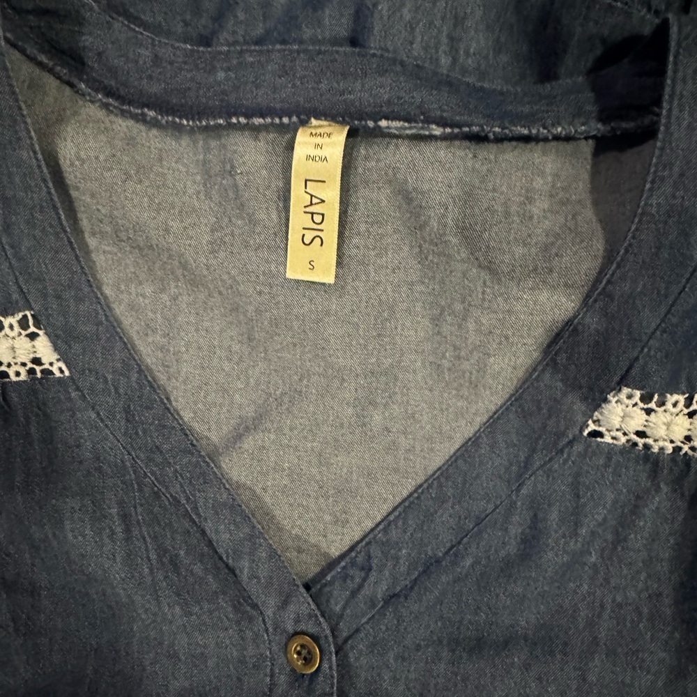 Anthropologie Lapis Chambray Tiered Boho Dress Small Lace Trim Bell Sleeve - Picture 3 of 5